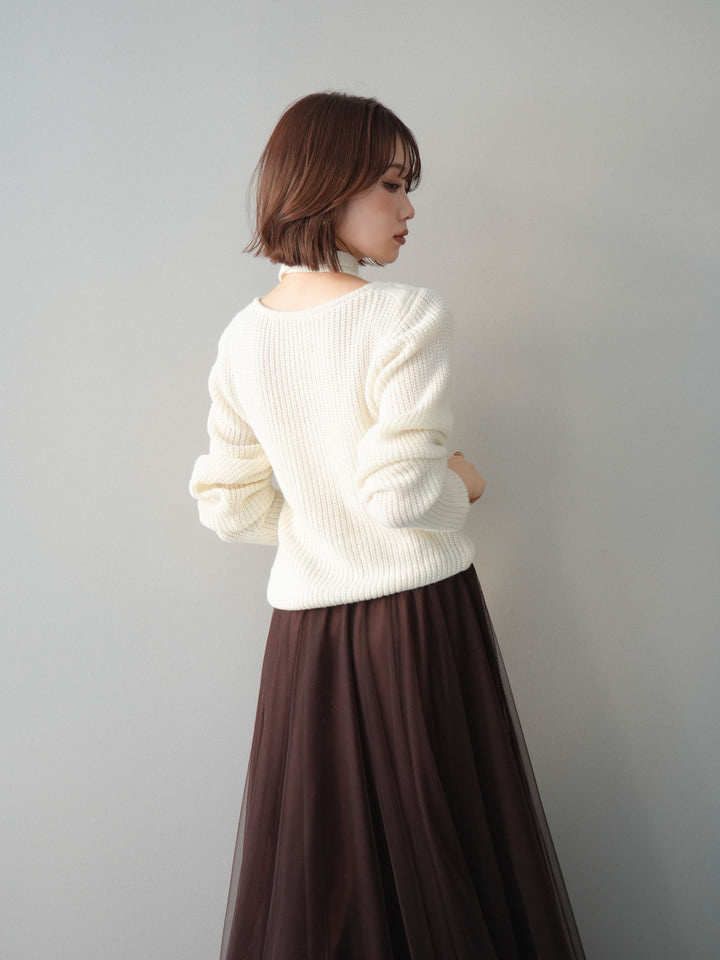 [予約]ケーブル編みクロスニットトップス/white