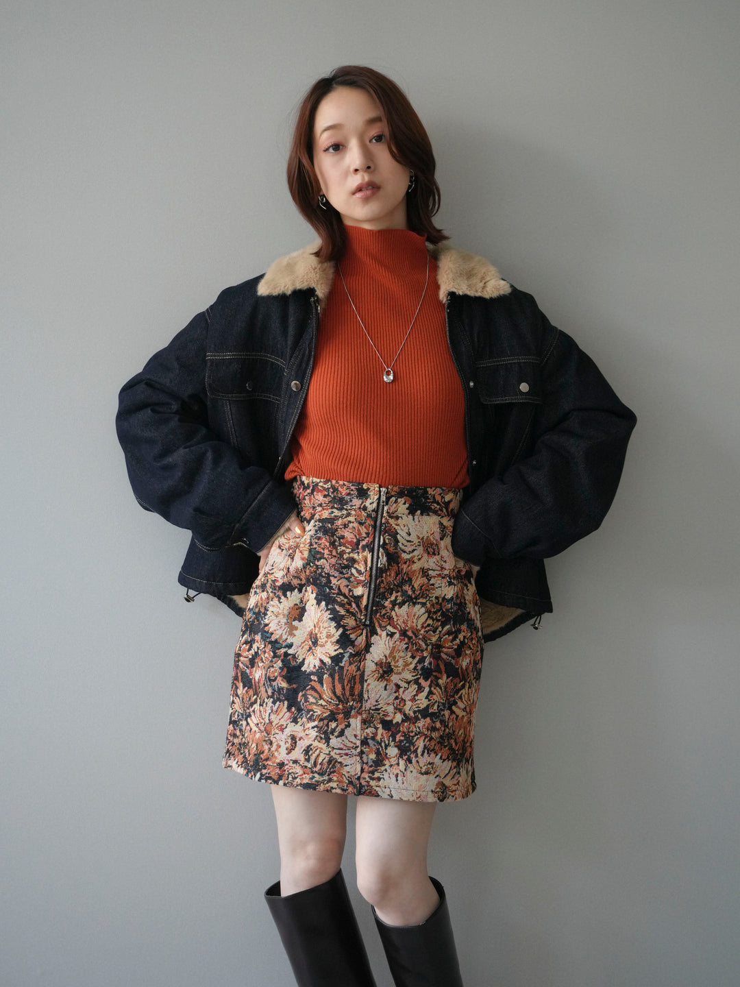 [予約]デニム×ファーステンカラーショートジャケット/indigo