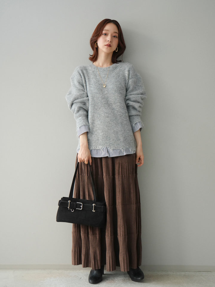 [予約]型押しスエードティアードプリーツスカート/brown