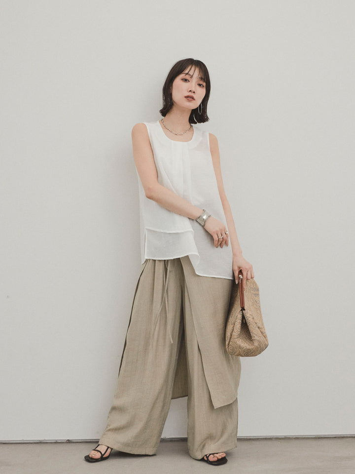 [SET]シアータックアシンメトリーブラウス+ワッシャーサテンレイヤードスカートパンツ(2set)