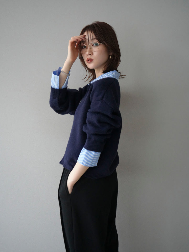 [予約]ストライプシャツレイヤードZIPニットカーディガン/navy