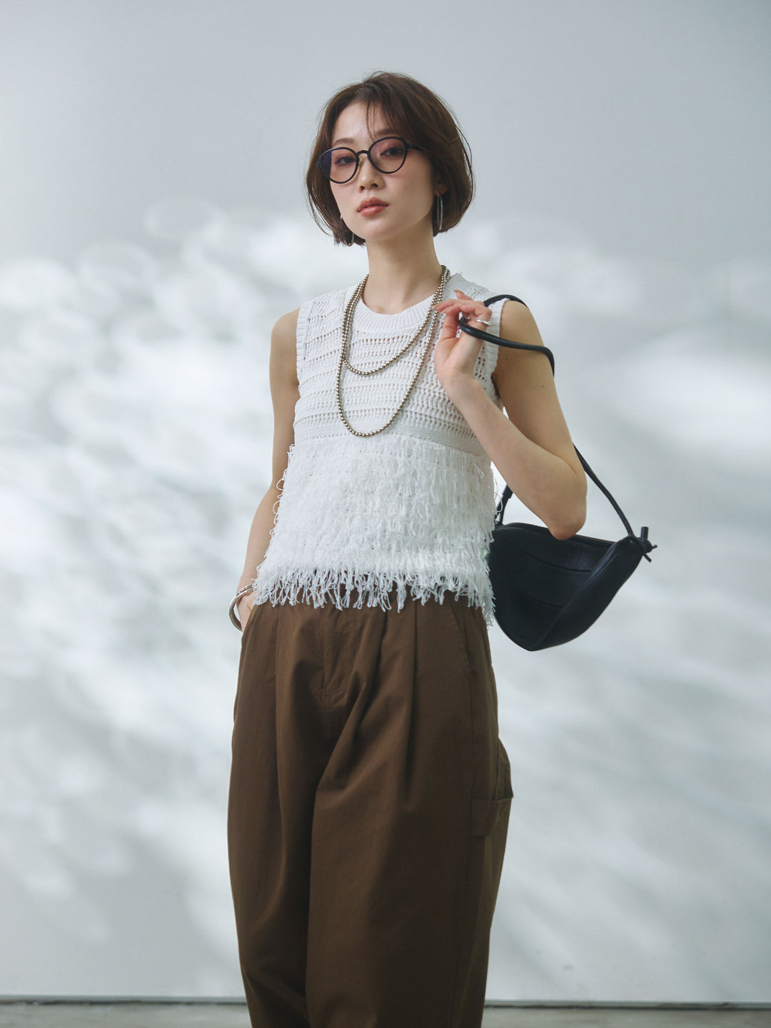 【Allure】[SET]フリンジクロップドニットベスト+カットオフコットンツイルタックワイドパンツ(2set)