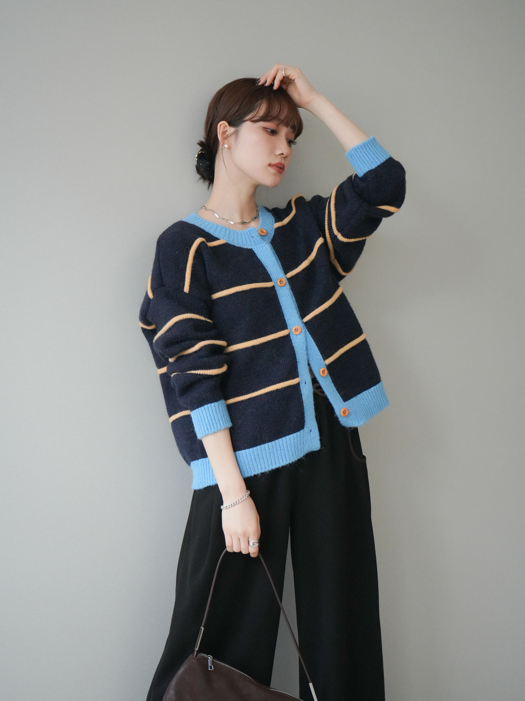 [予約]配色ボーダーニットカーディガン/navy