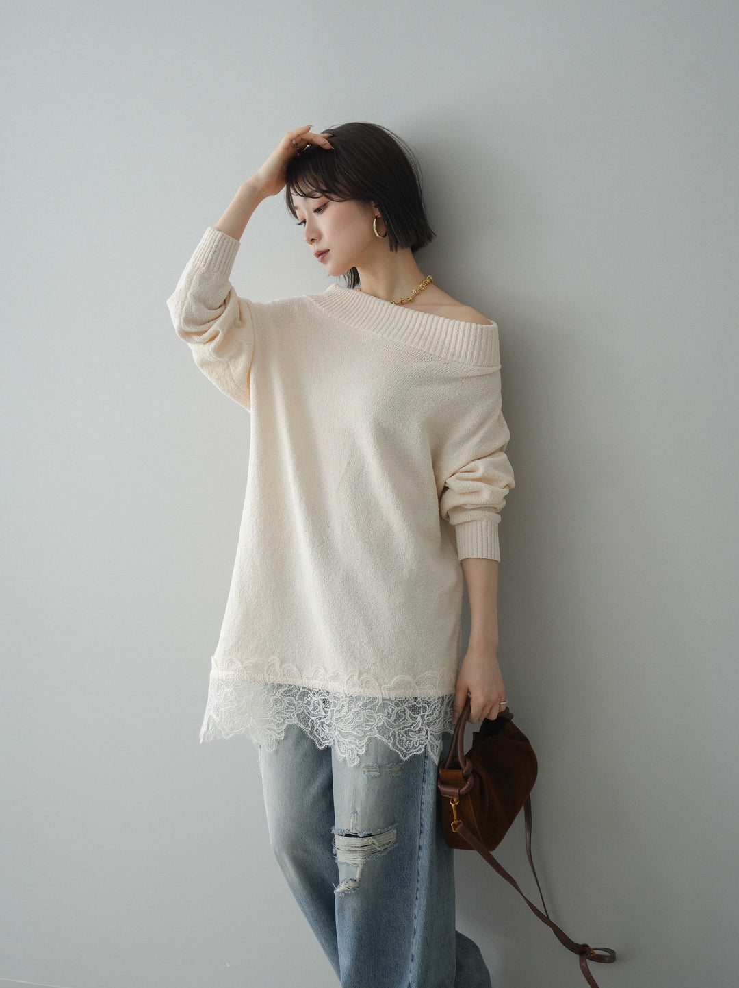 [SET]アシンメトリーレースヘムニットプルオーバー+選べるアクセセット(2set)