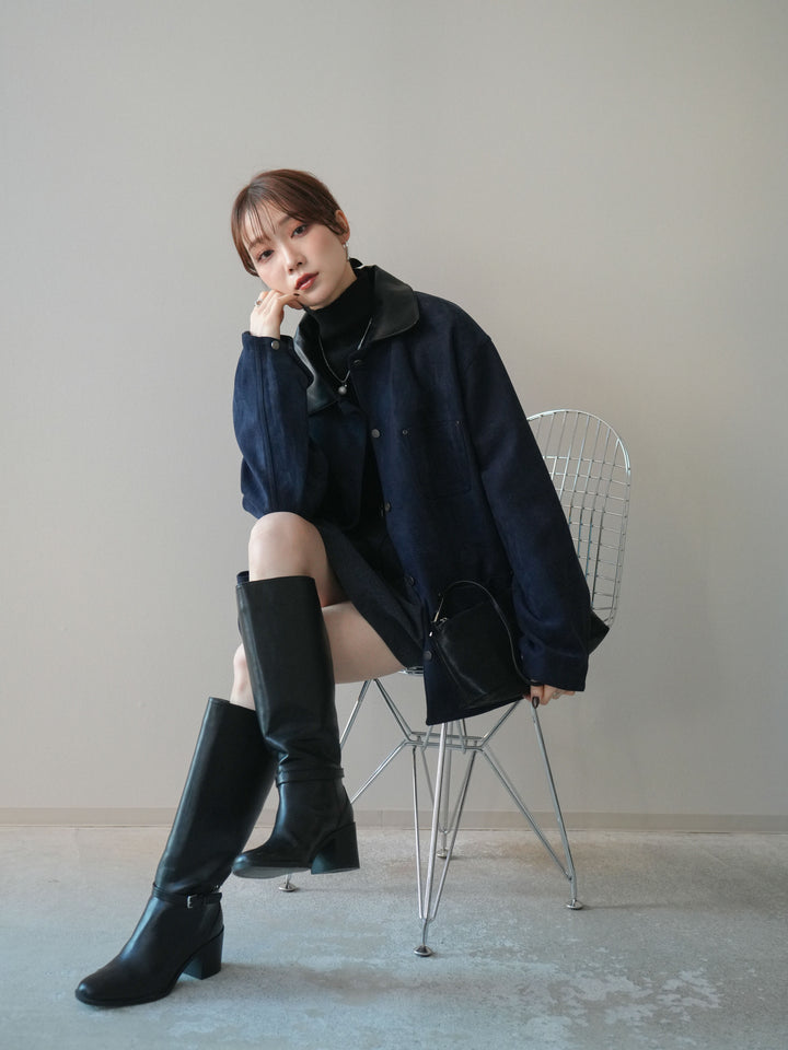 [SET]襟レザーステンカラースエードジャケット+襟レザーステンカラースエードジャケット(2set)