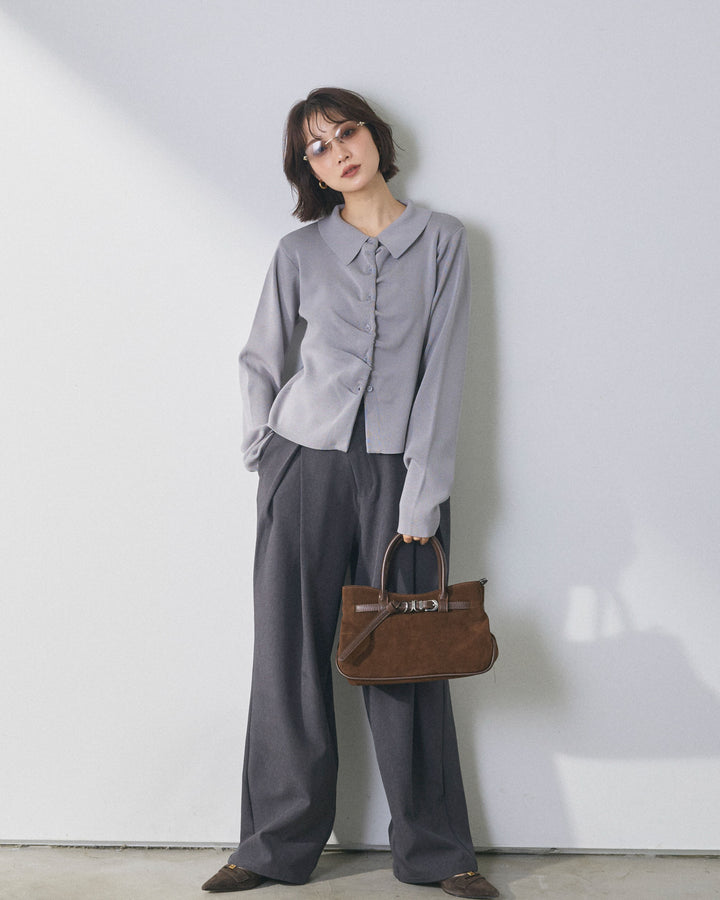 【Allure】[SET]襟付きギャザーニットカーディガン+アシンメトリーウエストタックパンツ(2set)