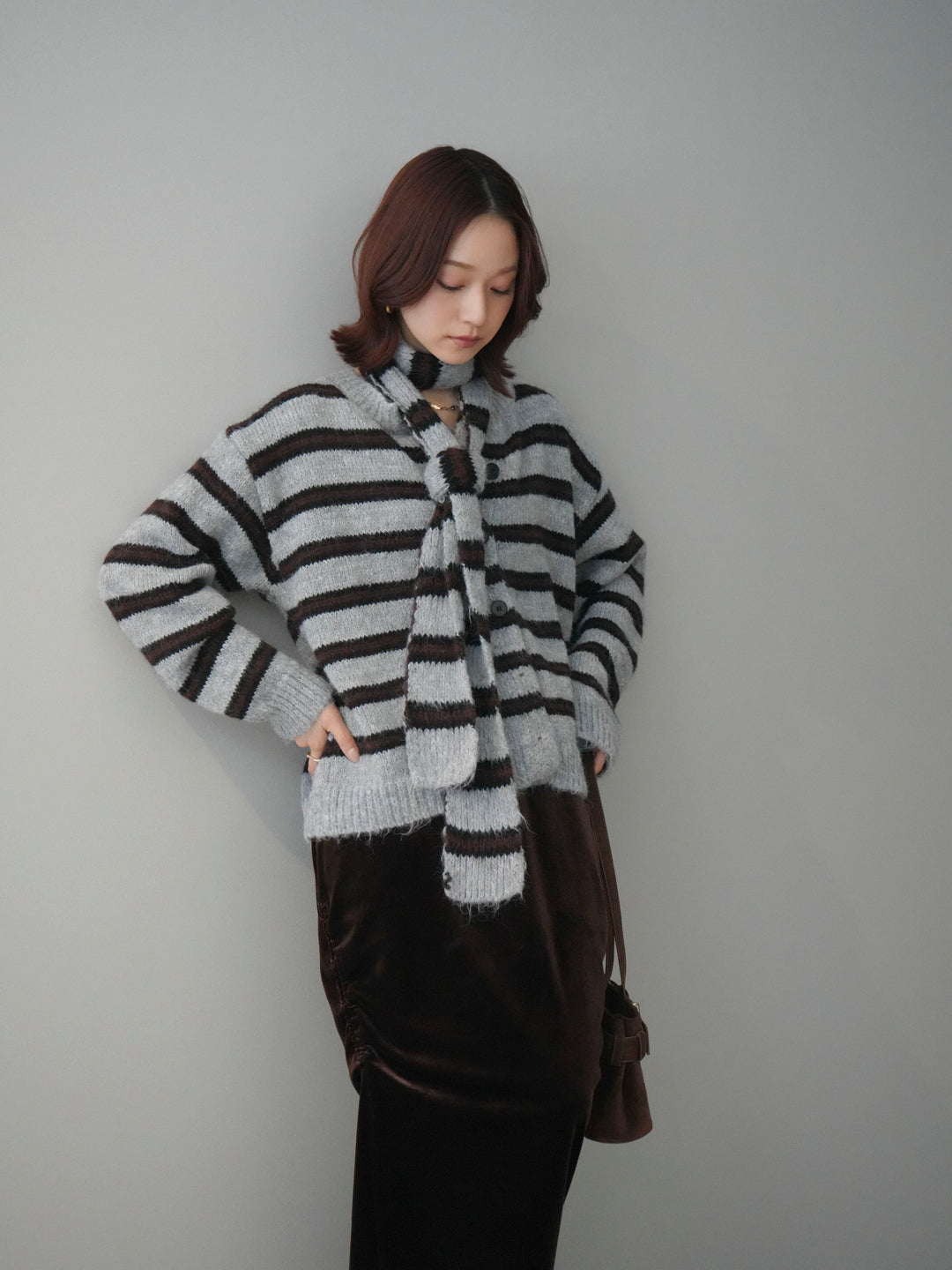 [SET]ボウタイ付きボーダーニットプルオーバー+選べるアクセセット(2set)