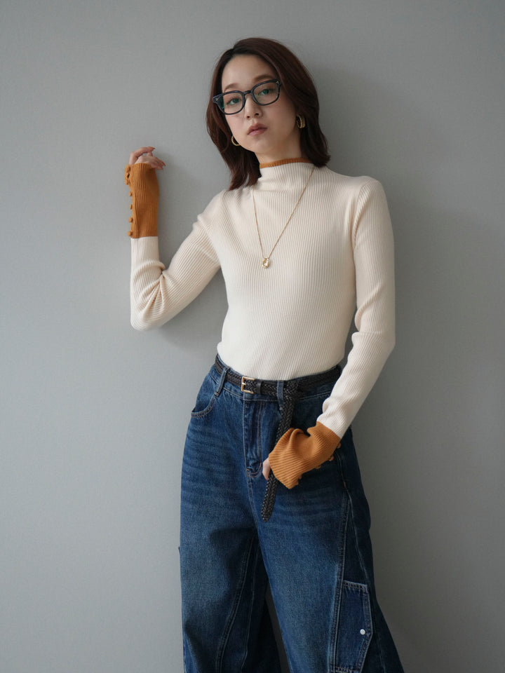 [SET]袖ボタンハイネック配色リブニットトップス+選べるアクセセット(2set)