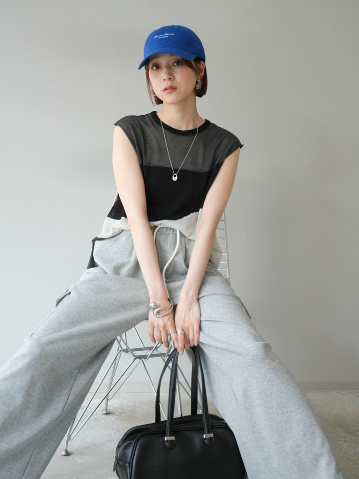 [SET]バイカラーシアーニットノースリーブ+ウエストラインサイドポケットスウェットパンツ(2set)