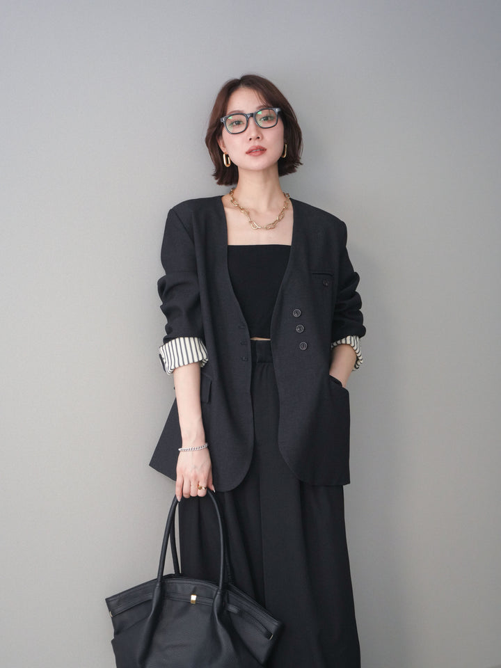 [SET]ノーカラージャケット+カップ付テレコリブベアキャミソール+サテンベルトタックワイドパンツ(3set)