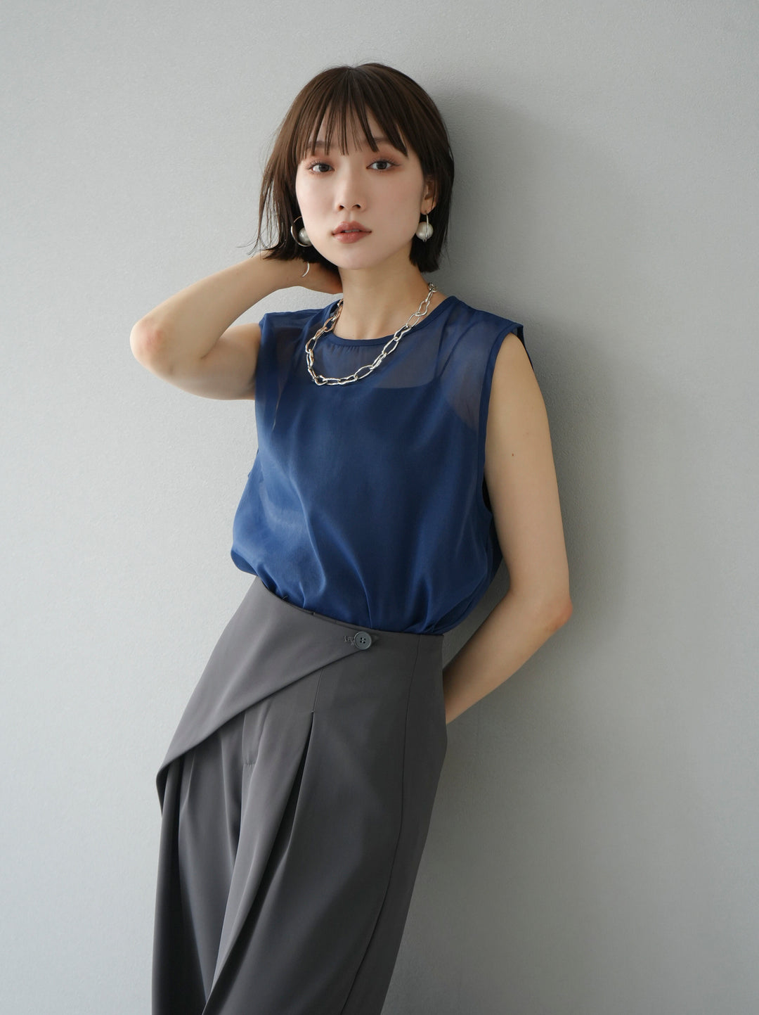 [SET] Organza sleeveless top + wrap wide pants (2set)