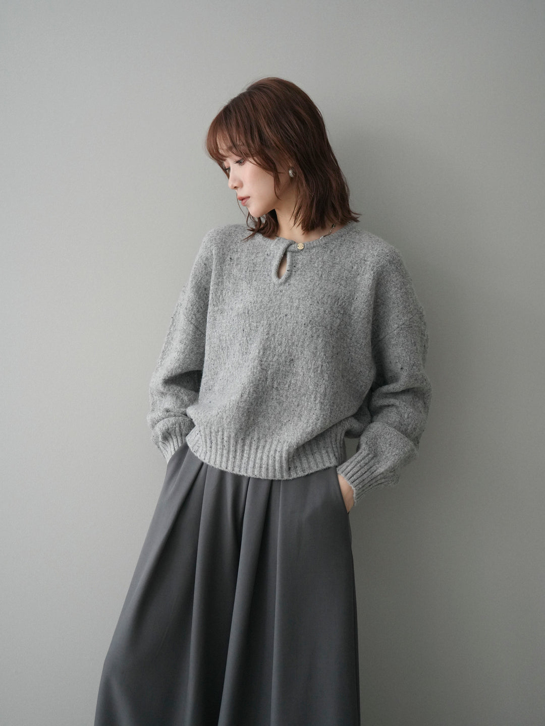 [予約]ツイストネックラメネップヤーンニットプルオーバー/gray