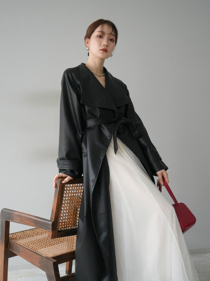 [予約]BIGカラーレザーロングコート/ブラック