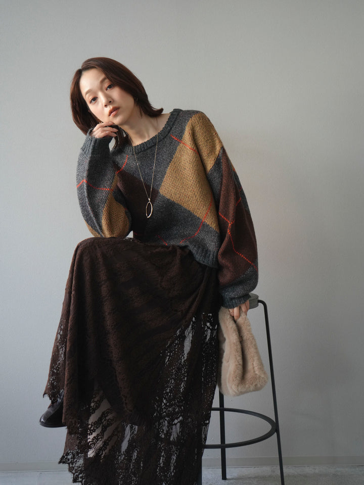 [SET]配色ステッチアーガイル柄ニットプルオーバー+ヴィンテージライクメッシュレーススカート(2set)