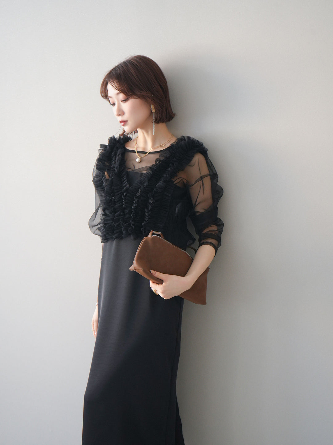 [予約]チュールフリルアンサンブルキャミソールドレス 3点SET/black