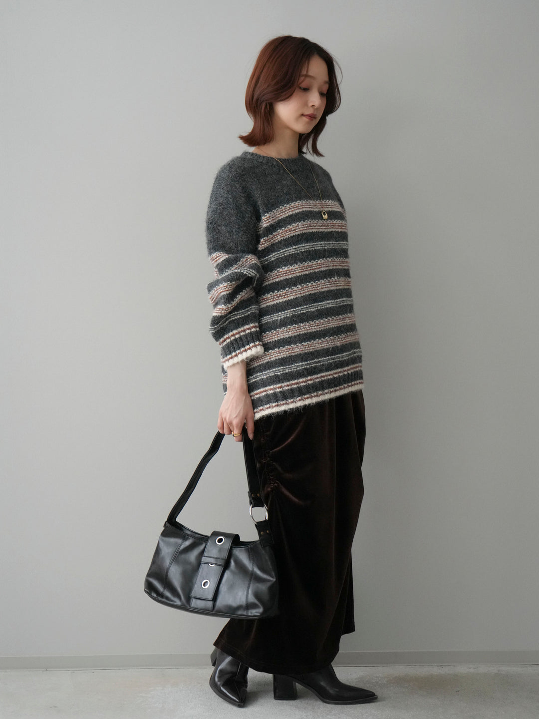 [SET]ステッチボーダーニットプルオーバー+ギャザーベロアスカート(2set)