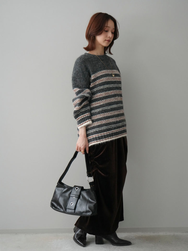 [SET]ステッチボーダーニットプルオーバー+ギャザーベロアスカート(2set)