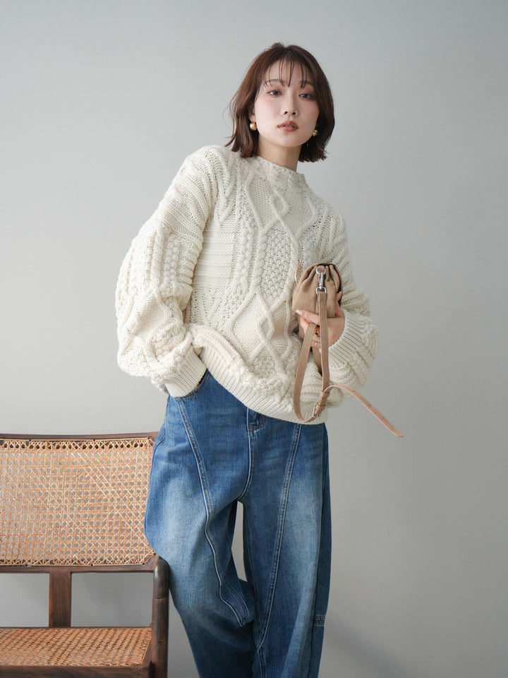 [予約]ケーブル編みモックネックニットプルオーバー/ivory
