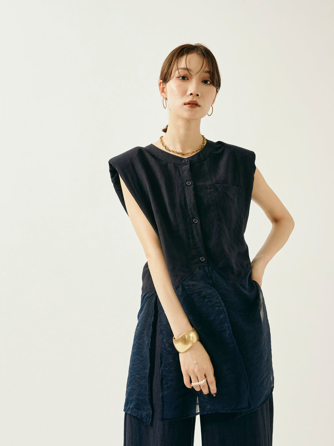 [SET]オーガンジーヘムブラウス＆ワイドパンツSET UP(2set)