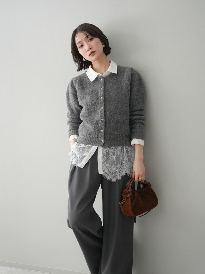 [SET]ゴールドボタンブークレニットカーディガン+総レースボリュームスリーブシャツ(2set)