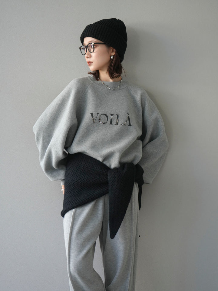 [予約]スウェットライクビーズロゴ刺繍ニットプルオーバー/mokugray