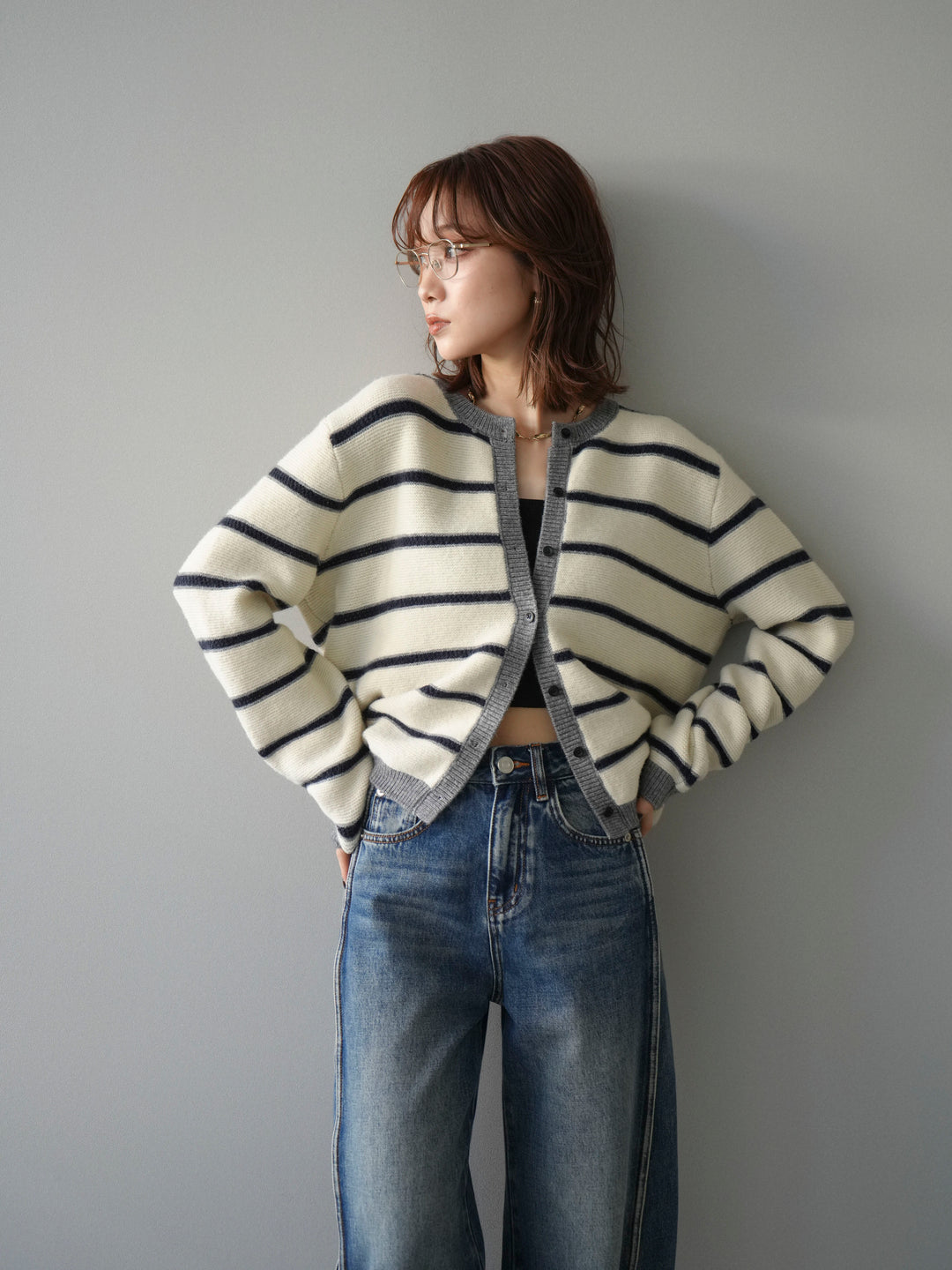 [予約]配色ボーダーニットカーディガン/apricot