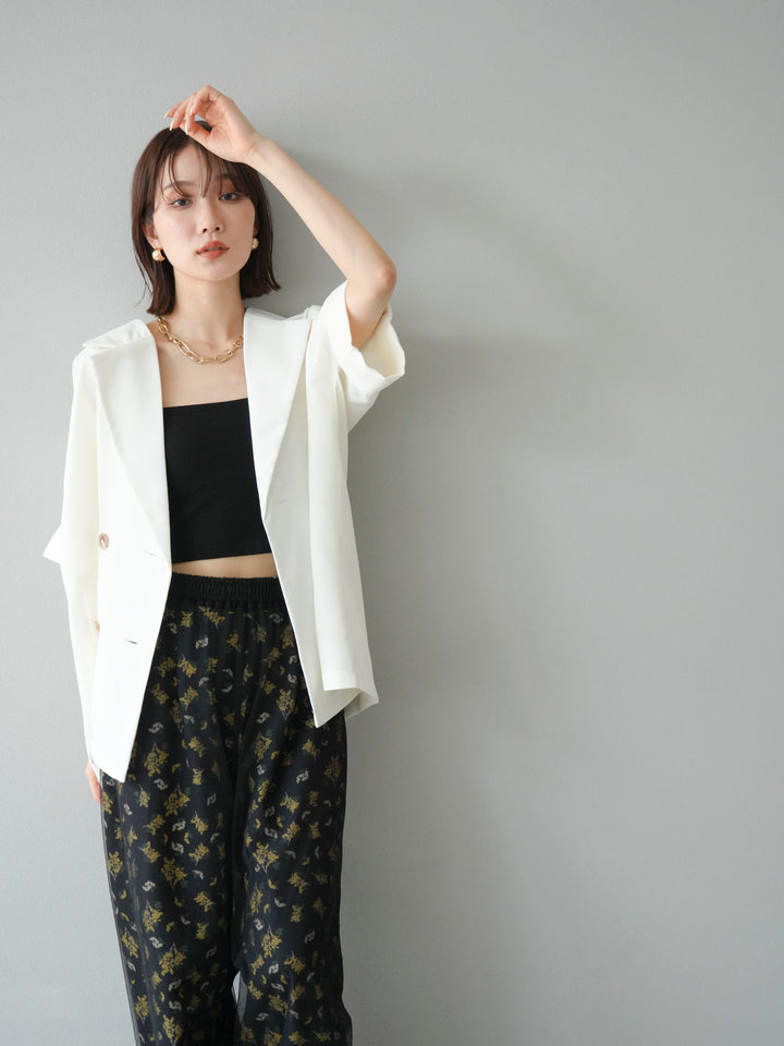 [SET]リネンライクハーフテーラードジャケット+コード刺繍チュールレイヤードパンツ(2set)