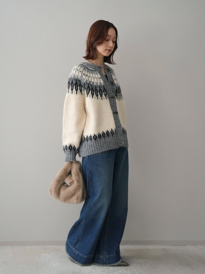 [SET]トグルボタン求心柄ニットカーディガン+裏起毛裾フリンジワイドデニムパンツ(2set)