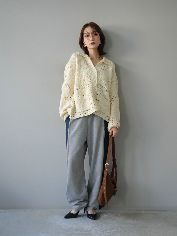 [予約]丸襟透かし編みニットカーディガン/オフ