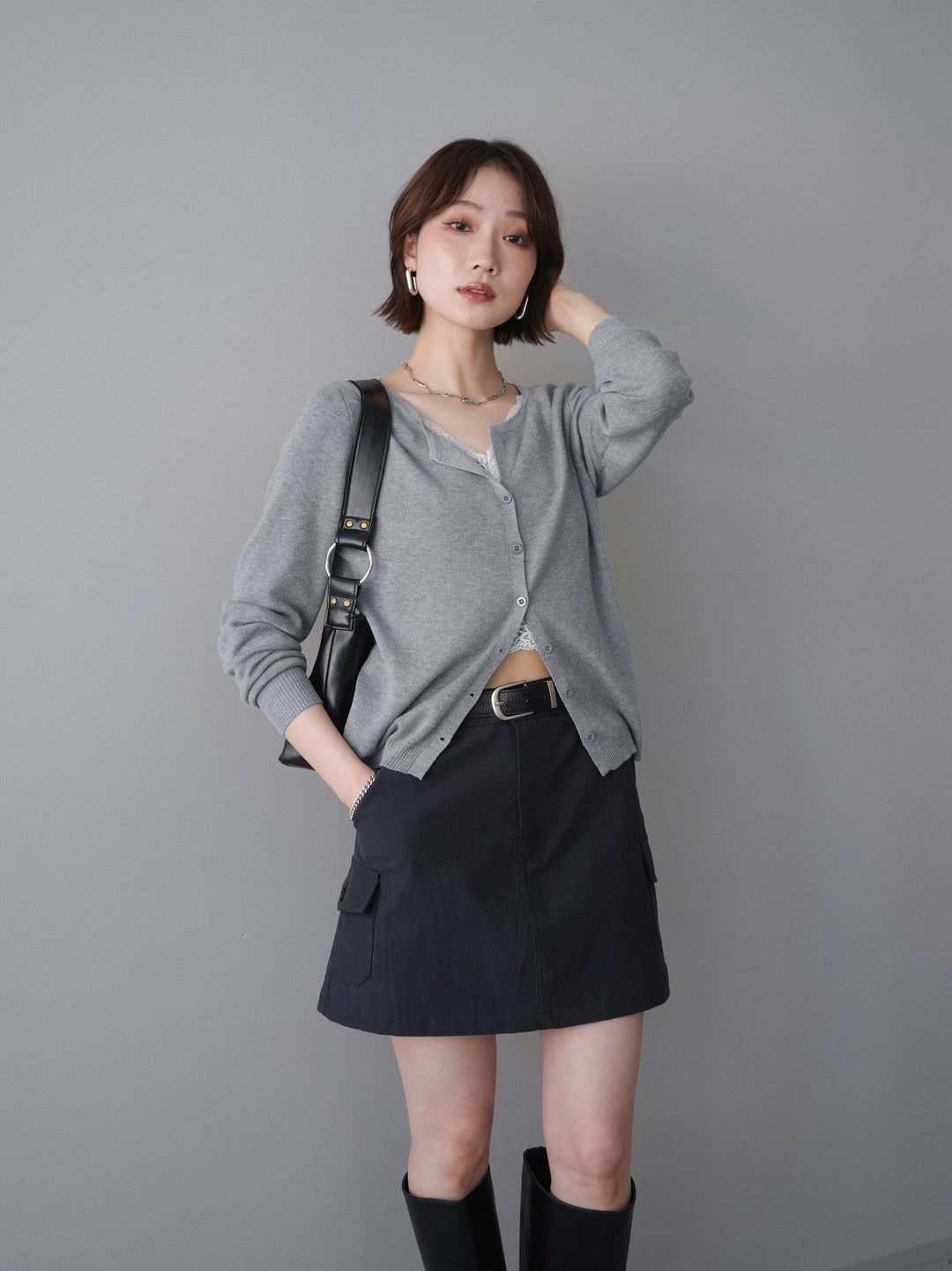 [予約]レースレイヤードニットカーディガン/gray