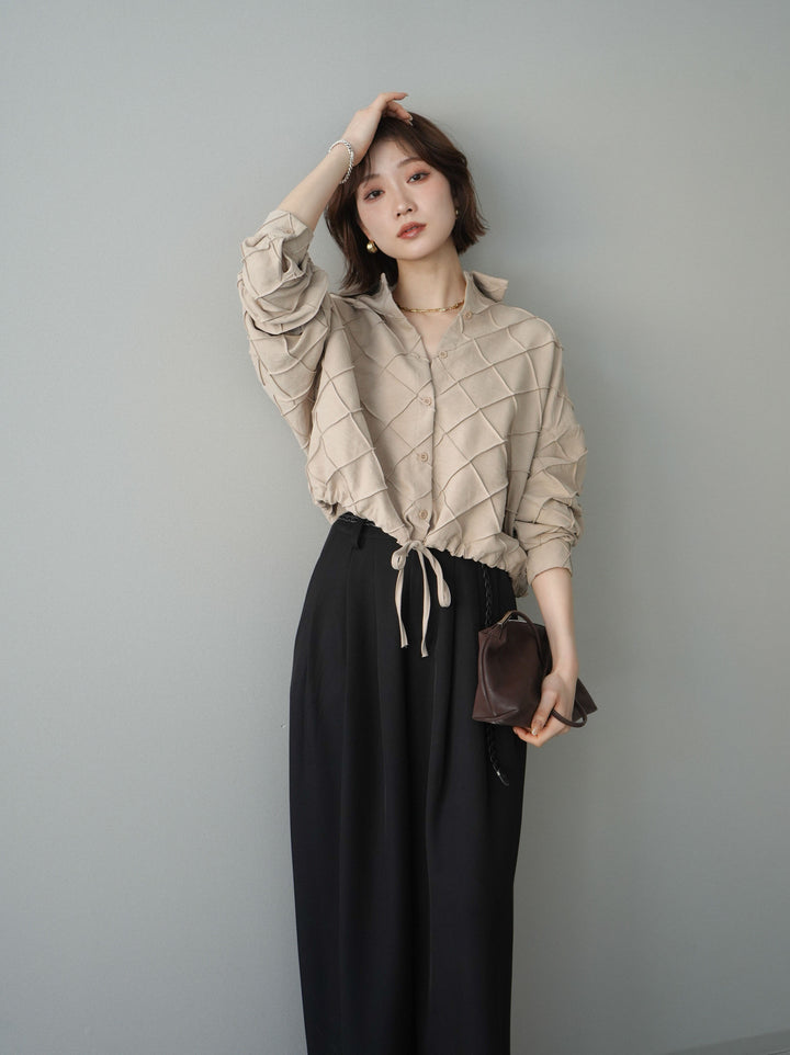 [SET]パイピングクロスデザインブラウス+編み込みベルト付タックワイドパンツ(2set)