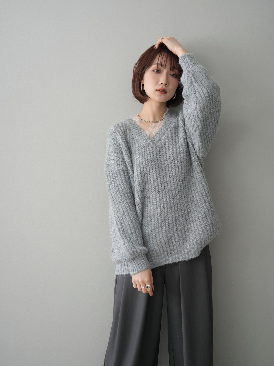 [SET]Vネックレースニットプルオーバー+ベルトループデザインワイドパンツ(2set)