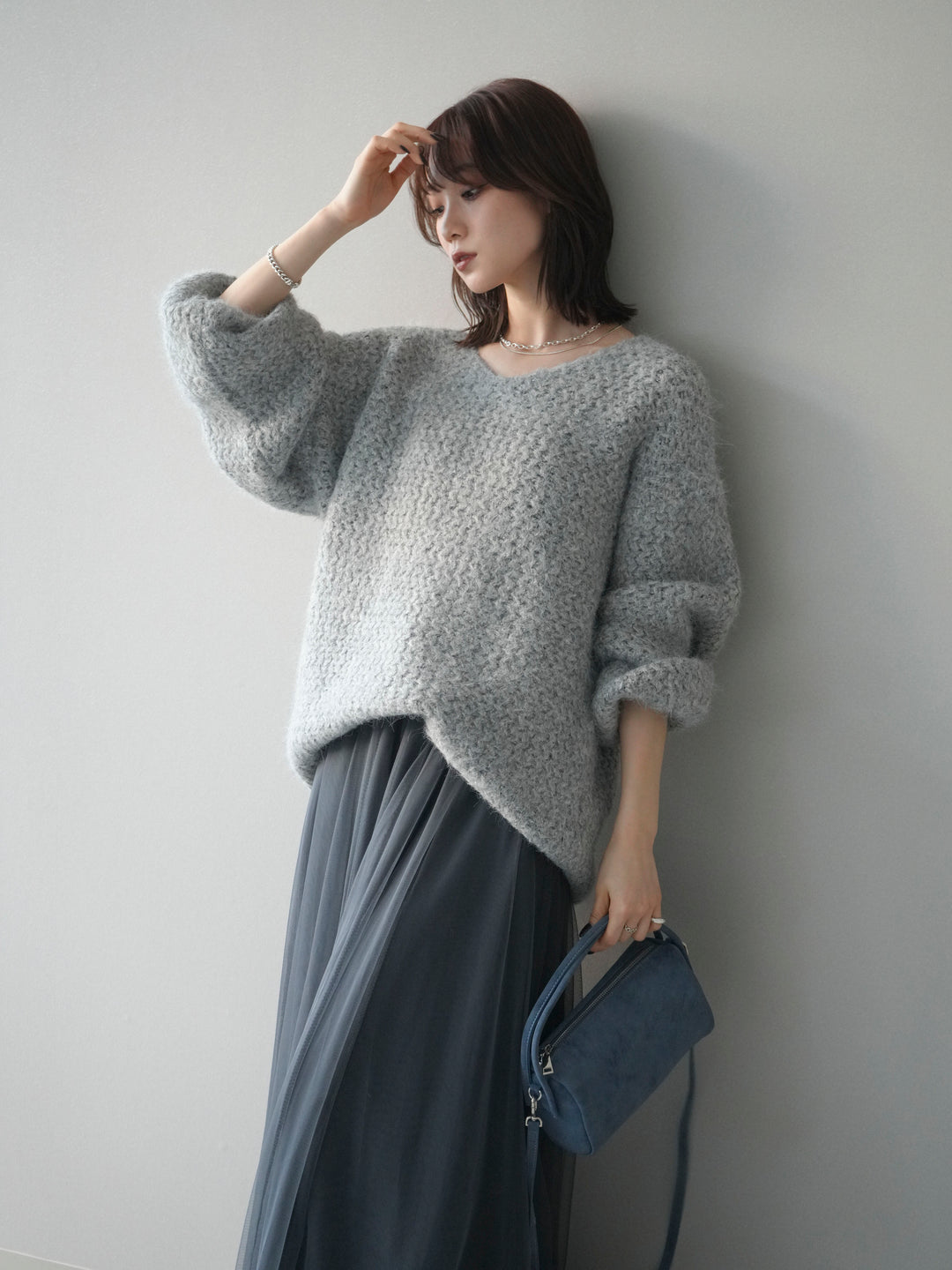 [予約]ウールタッチラメミックスヤーンVネックニットプルオーバー/lightgray