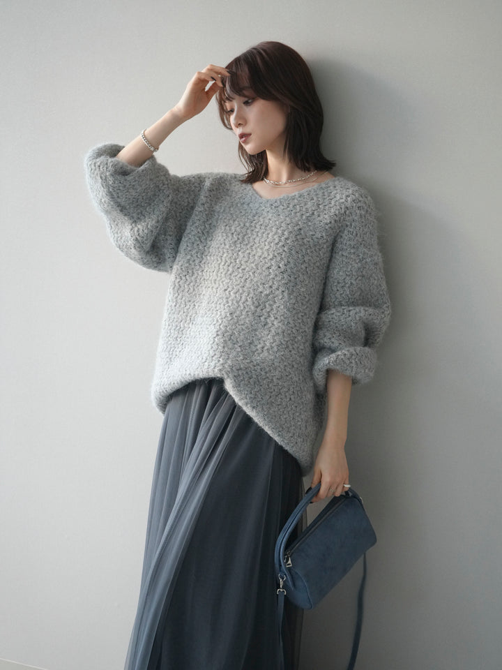 [予約]ウールタッチラメミックスヤーンVネックニットプルオーバー/lightgray