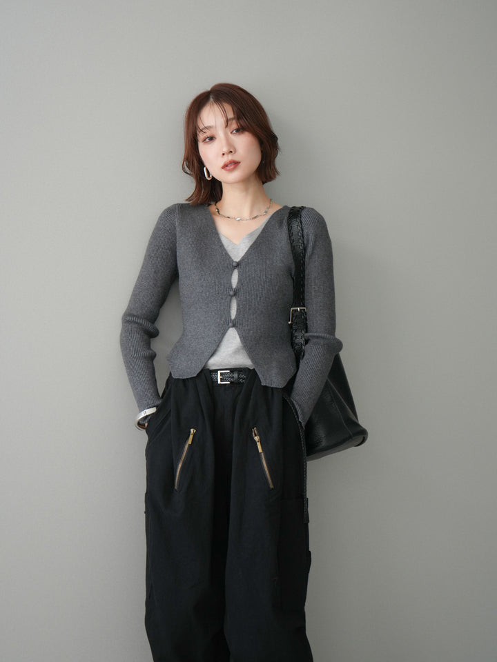 [予約]Vネック配色レイヤードスリットニットトップス/charcoal