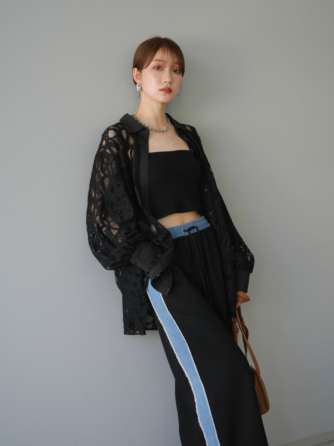 [SET]コードレースオーバーシャツ+デニムドッキングスウェットスカート(2set)