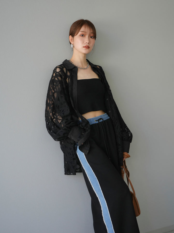 [SET]コードレースオーバーシャツ+デニムドッキングスウェットスカート(2set)