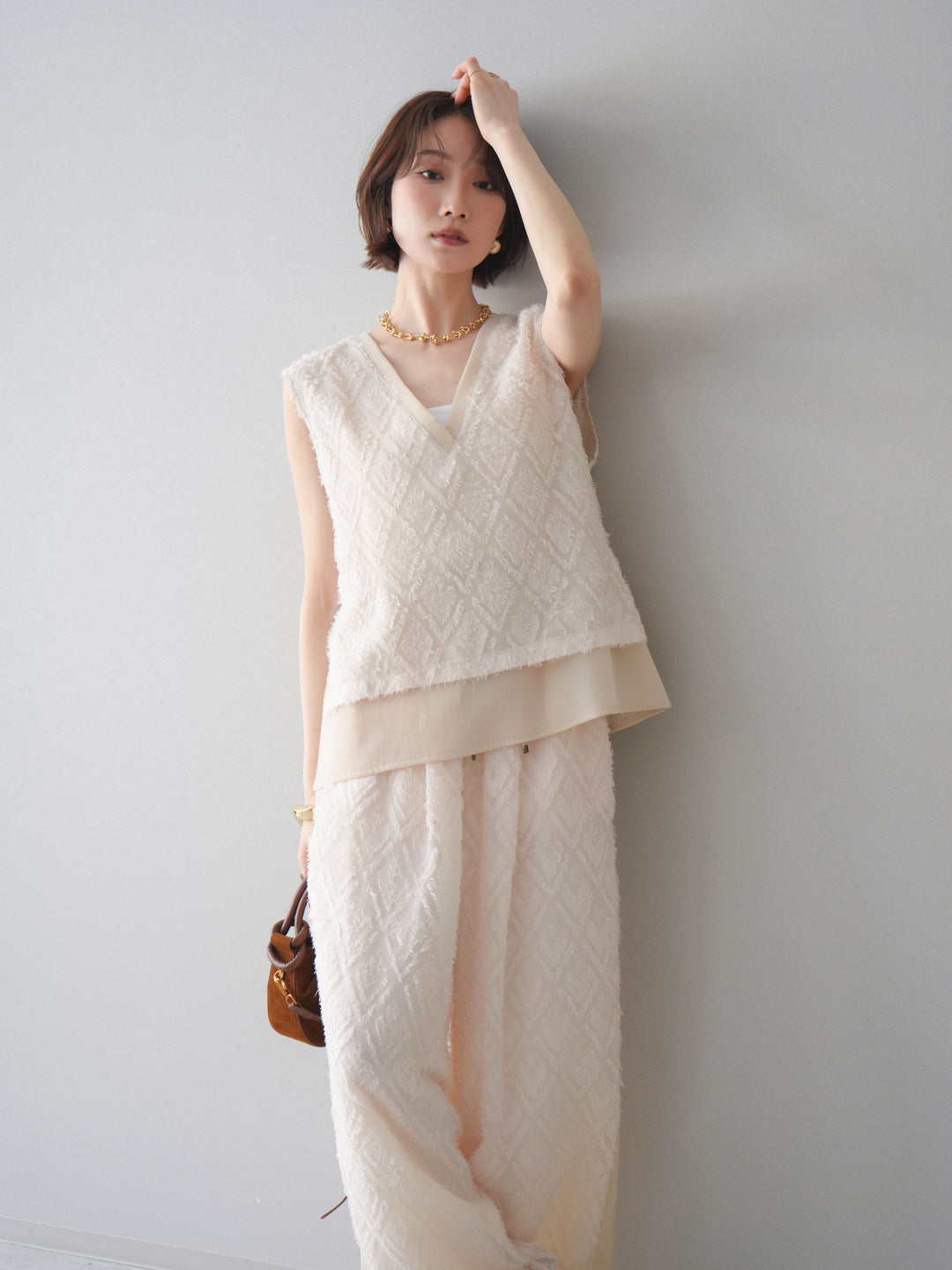 [SET]フリンジレイヤードVネックノースリーブ+フリンジイージーストレートパンツ(2set)