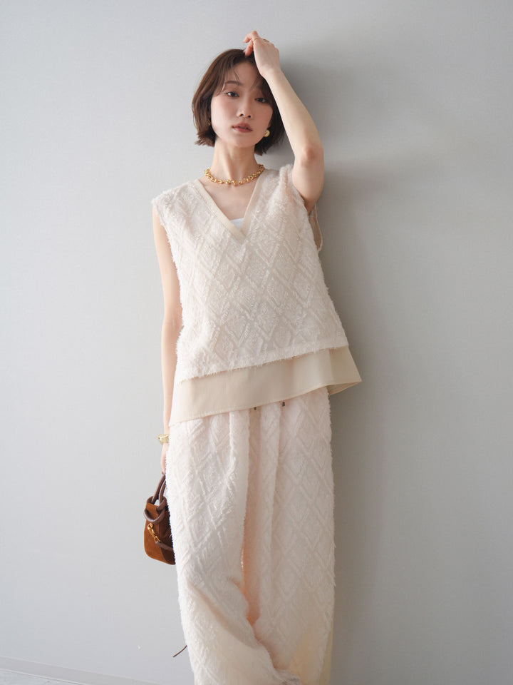 [SET]フリンジレイヤードVネックノースリーブ+フリンジイージーストレートパンツ(2set)