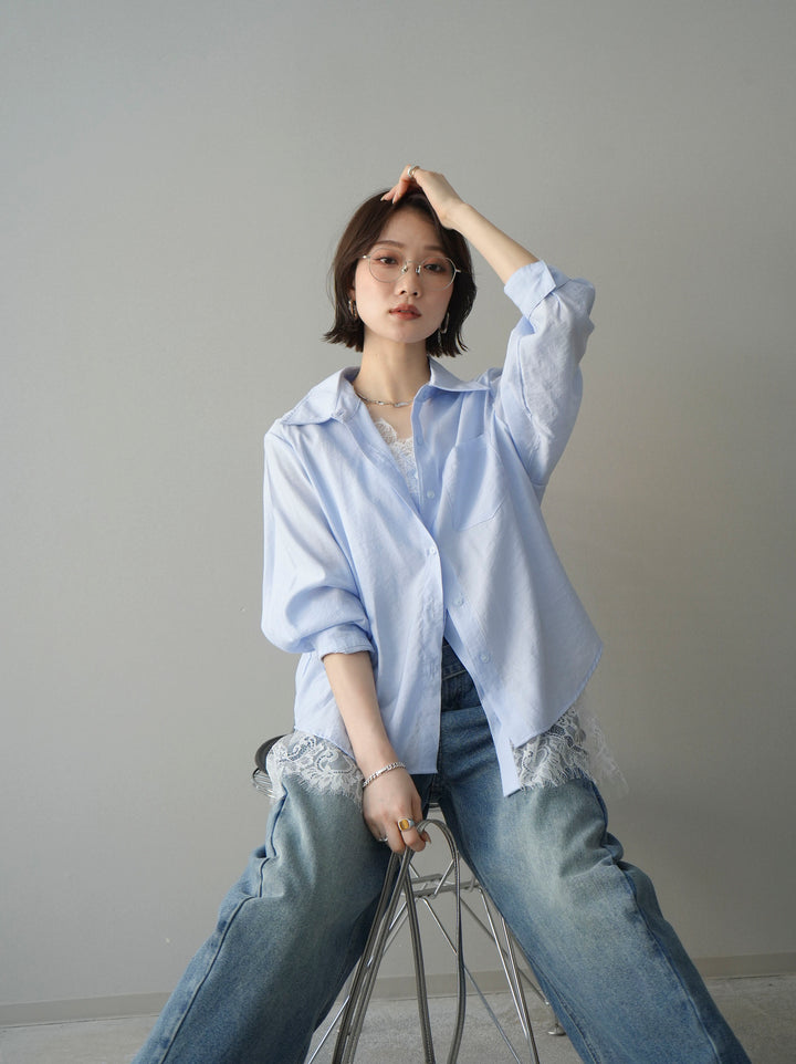 [予約]レイヤードデザイン裾レースブラウス/blue