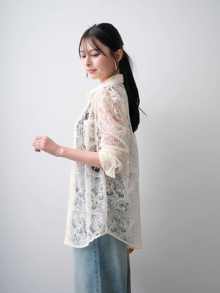 【套裝】薄紗佩斯利刺繡長袖襯衫+皮革拼接肩帶牛仔背帶褲（兩件套）