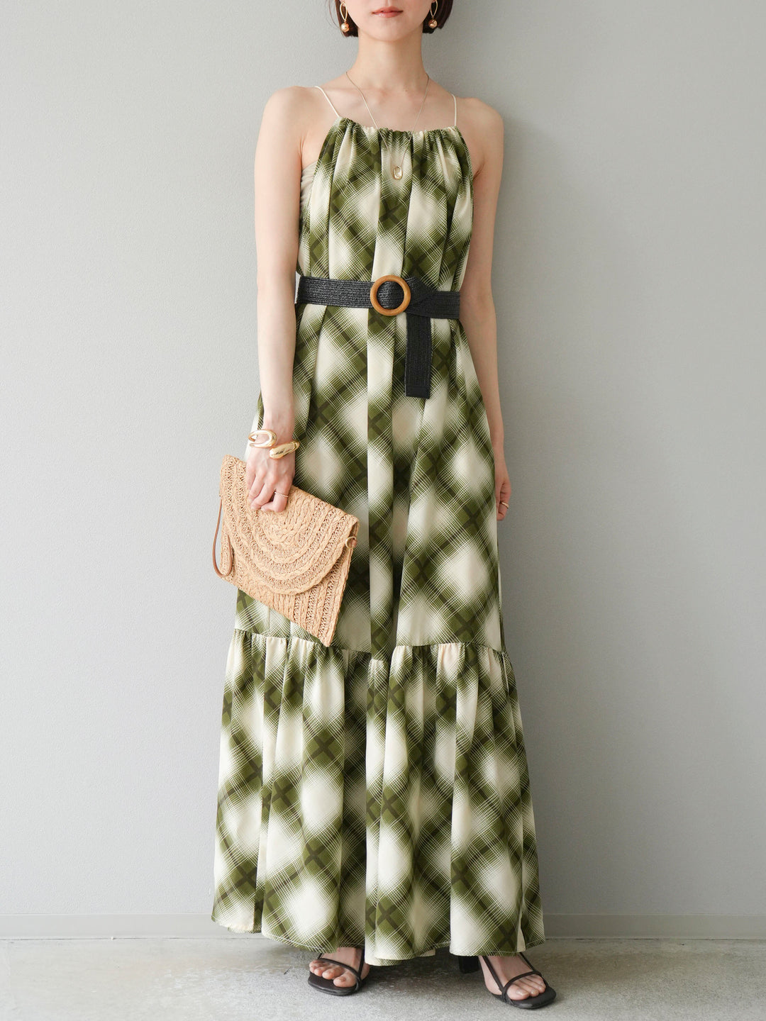 [SET] 繫腰帶格紋無袖洋裝 + 繫腰帶格紋無袖洋裝 (2 套)