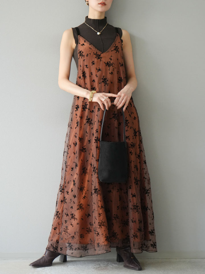 [予約]フロッキーチュールレイヤードベロアキャミワンピース/オレンジ