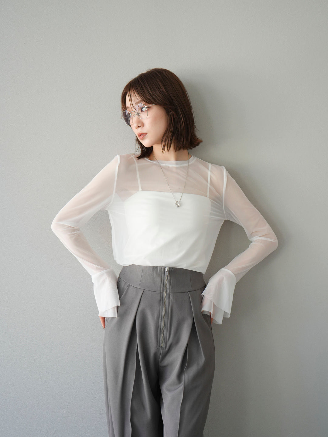 [予約]フレアロングスリーブパワーメッシュトップス/オフ