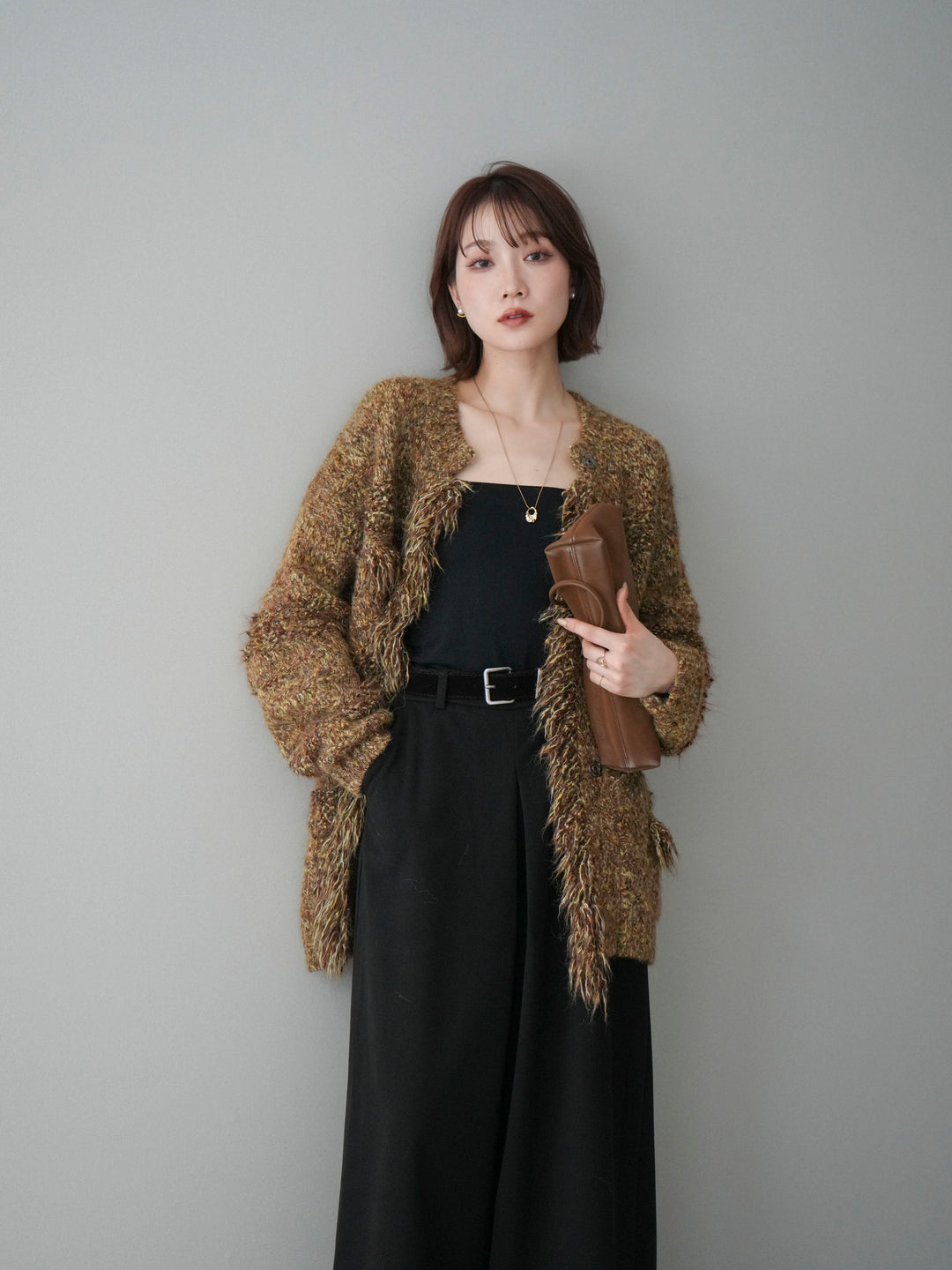 [予約]ミックスヤーンフリンジデザインニットジャケット/brown