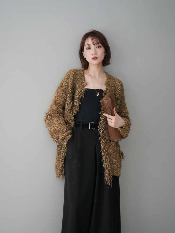 [予約]ミックスヤーンフリンジデザインニットジャケット/brown