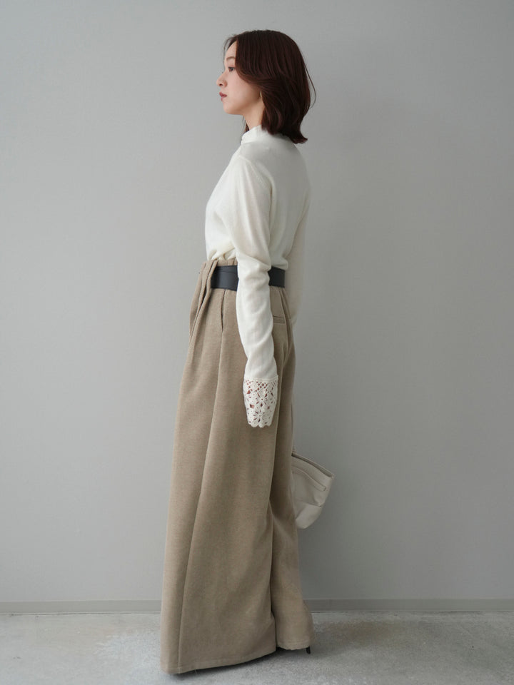 [SET]袖スカラップレースフロントボタンウールニットトップス+ベルトデザインループコールテンワイドパンツ(ベルト付き)(2set)