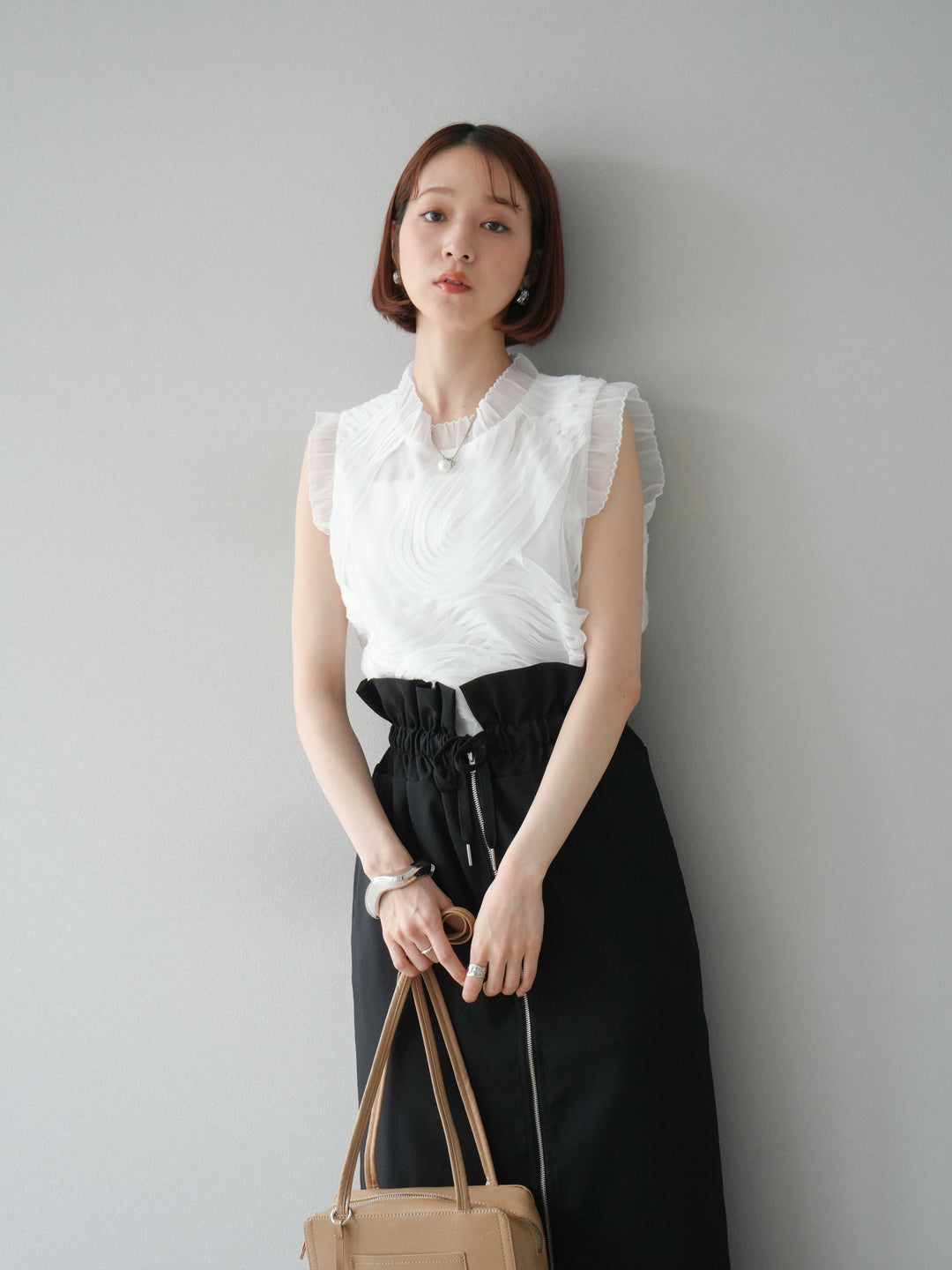 [SET]チュールジャガードノースリブラウス+ヘザーエステルギャザージップスカート(2set)