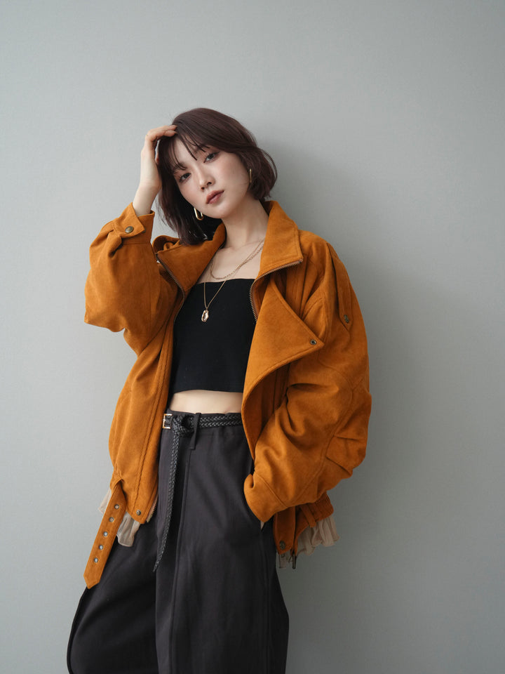 [SET]コーデュロイライダース裾レースブルゾン+カップ付テレコリブベアキャミソール+コットンツイルカーブパンツ(3set)