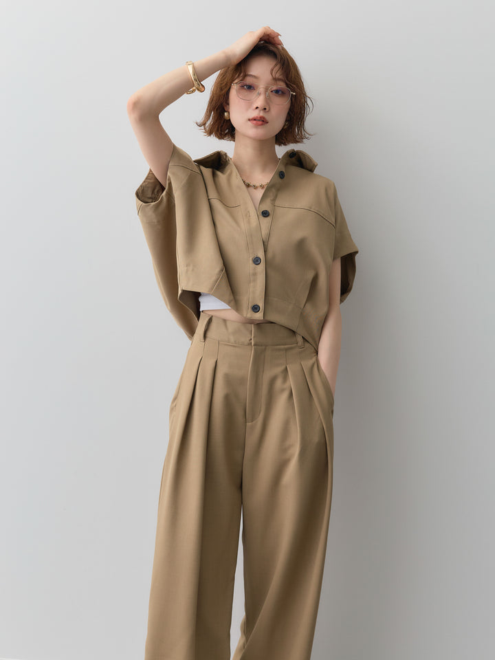 【套裝】縐綢燈籠無袖襯衫 + 縐綢闊腿褲（兩件套）